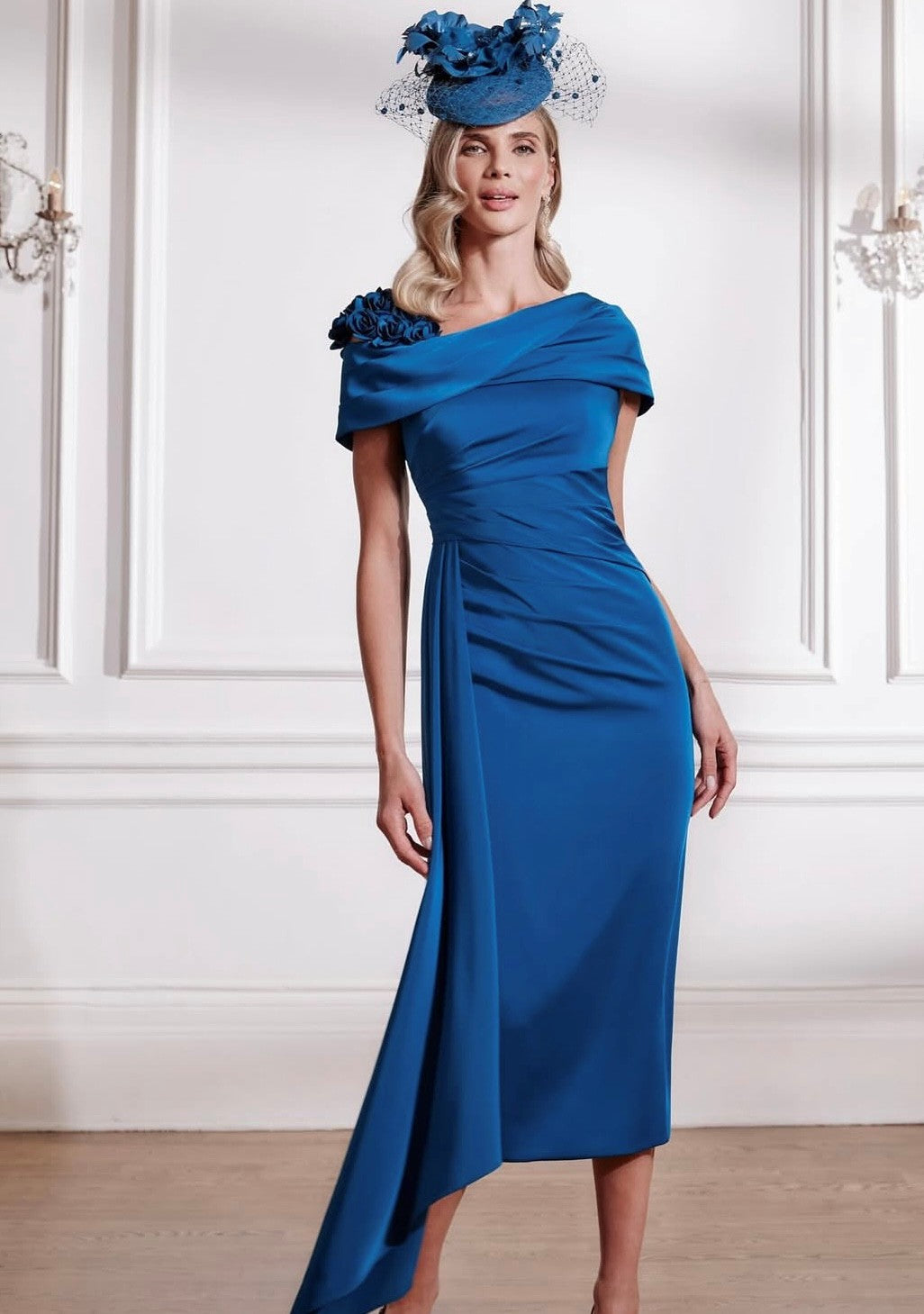 John Charles 29291 Teal Midi Dress Bardot Collar Floral Cut Shoulder