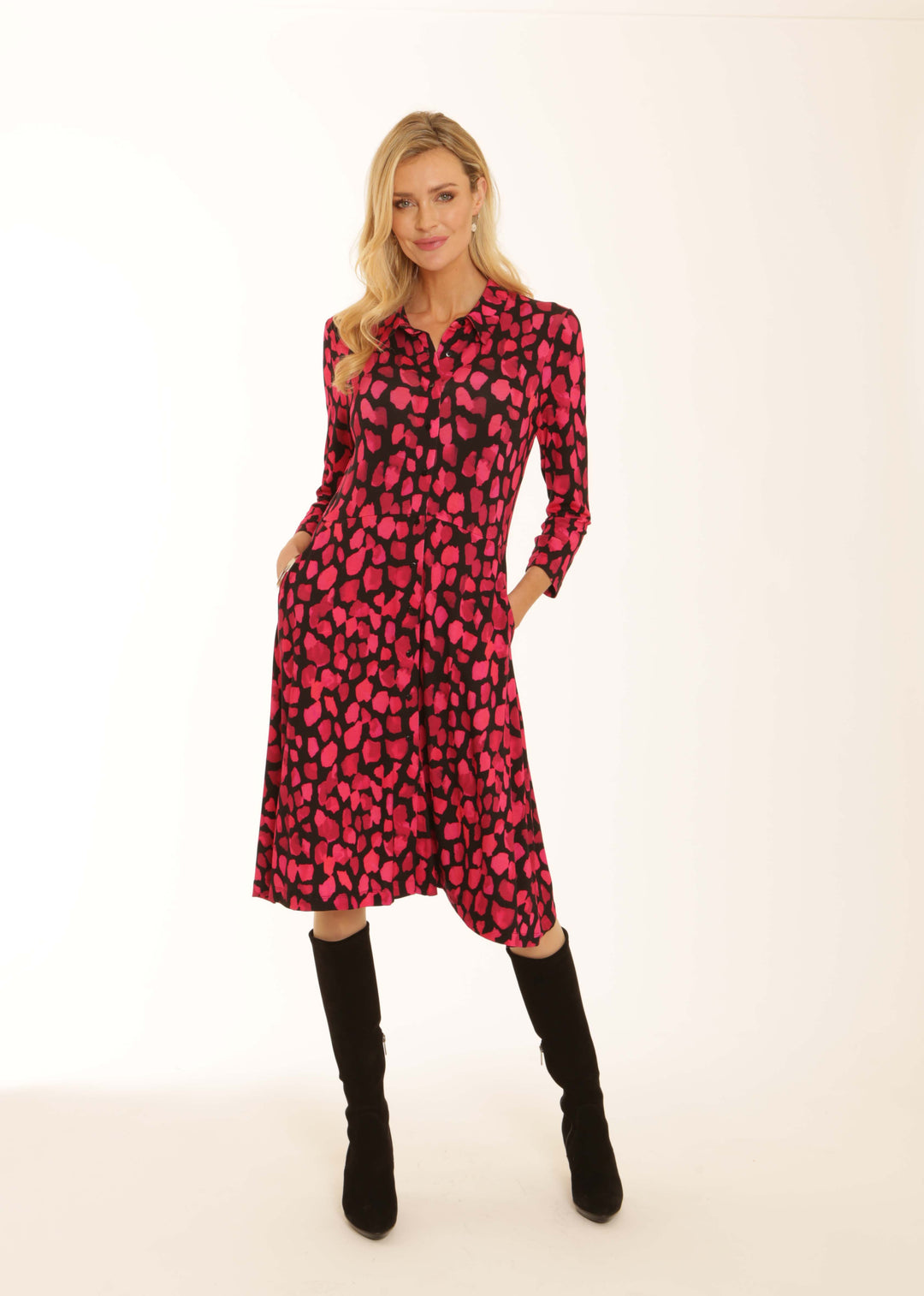 Pomodoro 42551 Pebble Print Knee Length Shirt Dress Pink