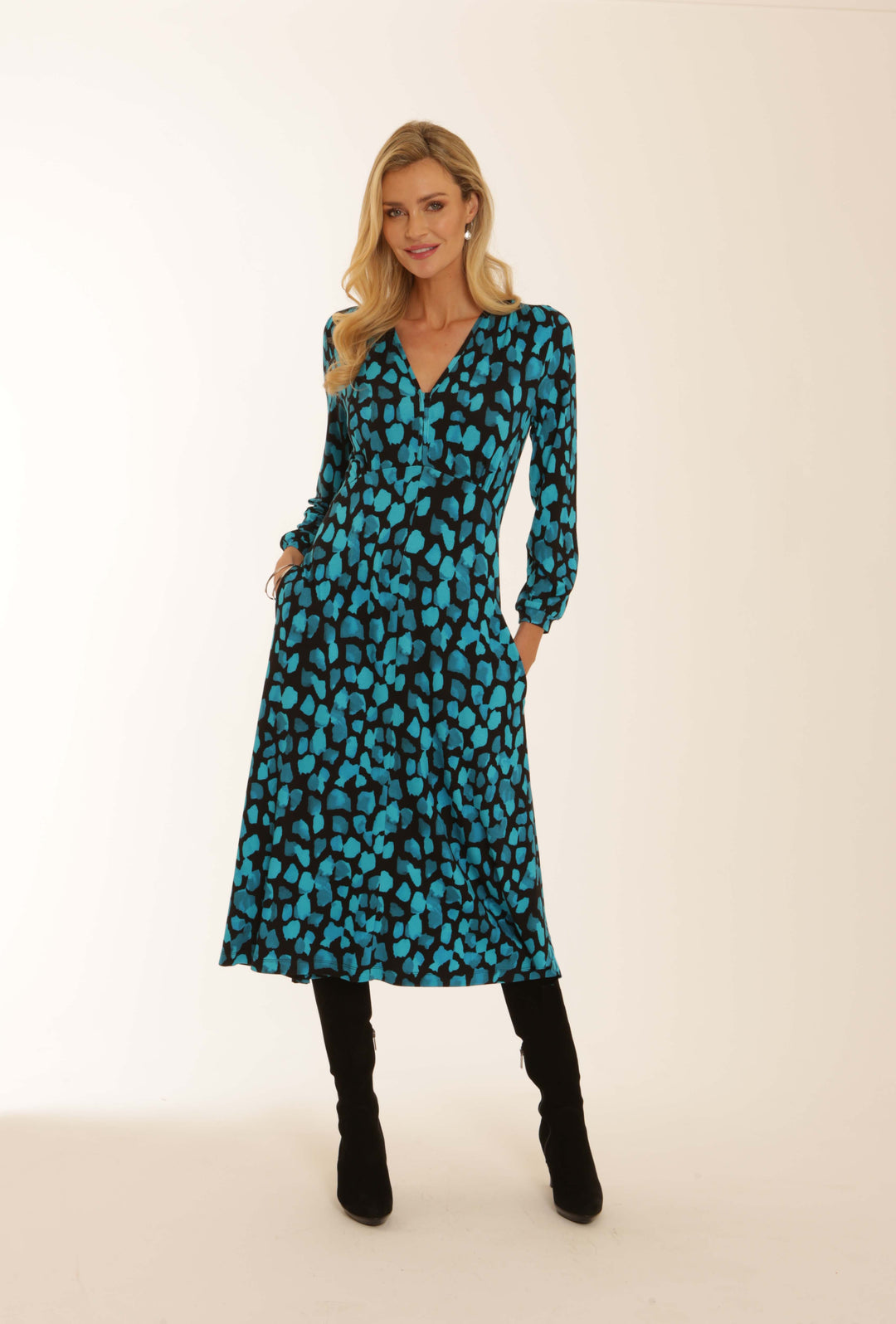Pomodoro 42552 Pebble Print V-Neck Midi Dress Aqua Blue