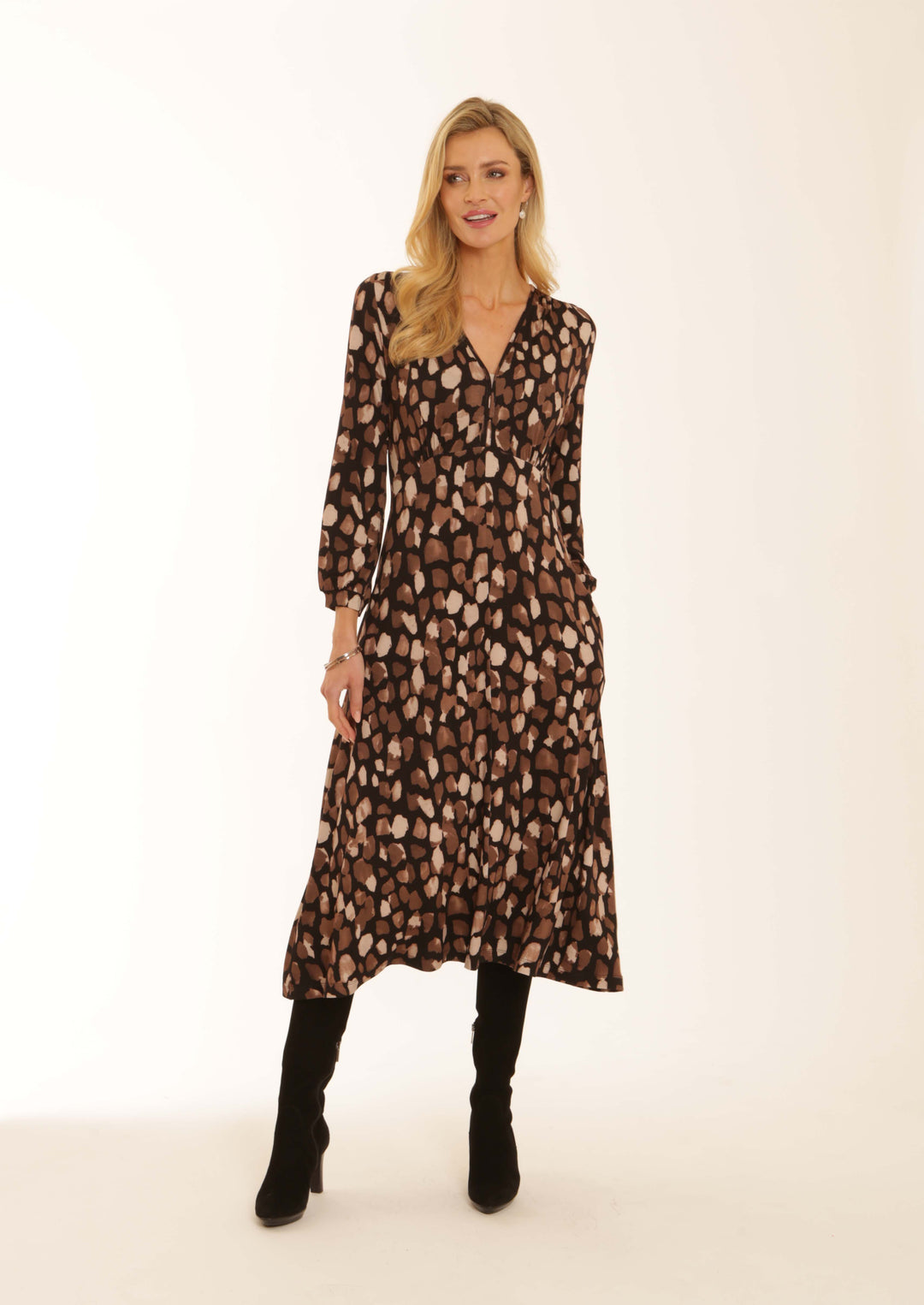 Pomodoro 42552 Pebble Print V-Neck Midi Dress Toffee Brown