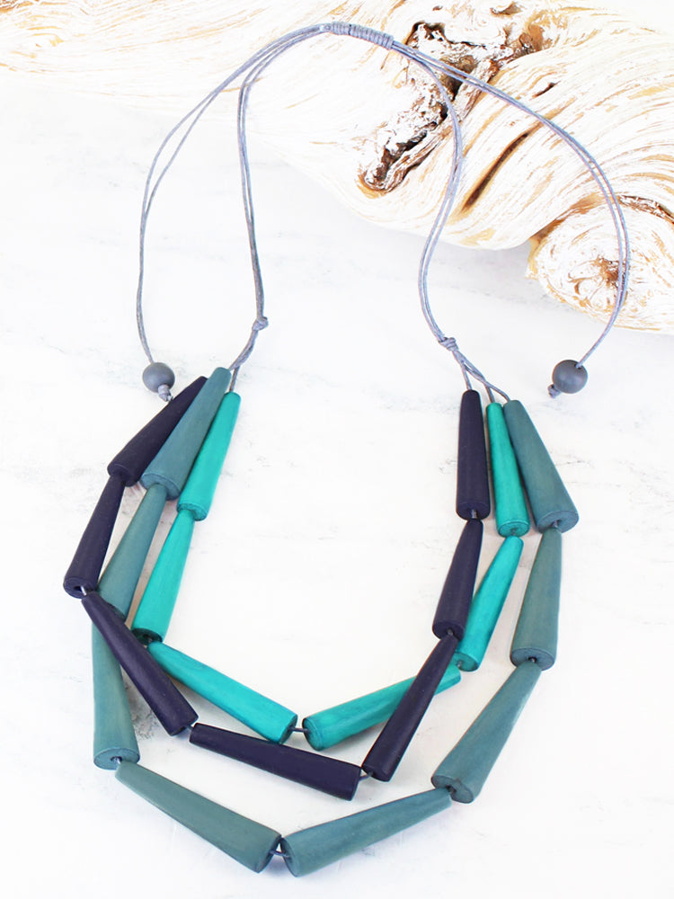 Suzie Blue BB6305TL 3 Strand Wooden Cone Necklace Teal and Navy