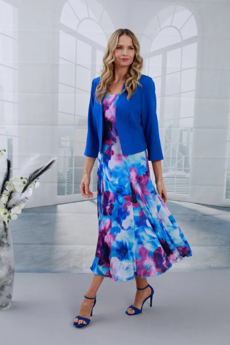 Glitz 1466 Royal Bolero Blue Pink Print Dress