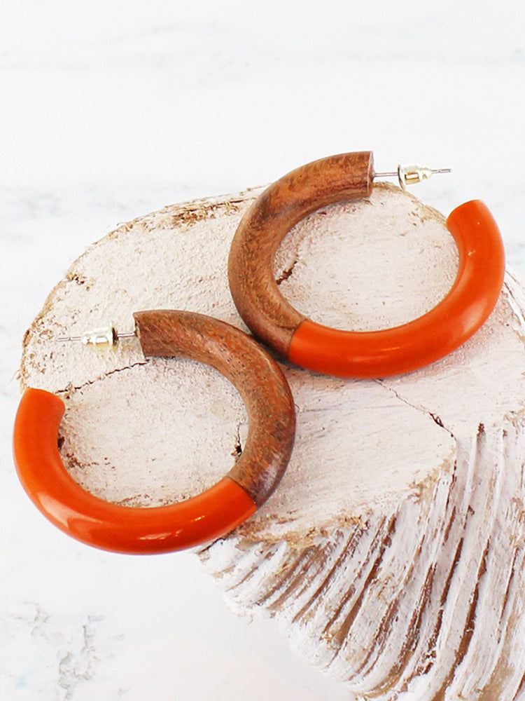 Suzie Blue JP1022 Orange Half Resin Half Wood Hoop Earring