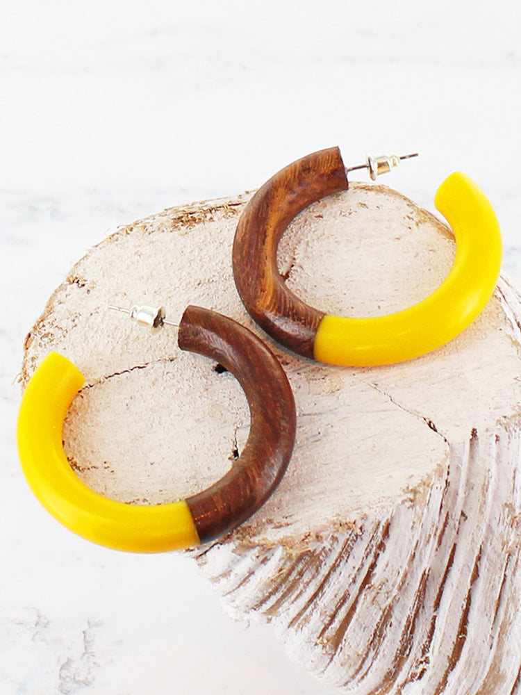 Suzie Blue JP1022Yellow Half Resin Half Wood Hoop Earring