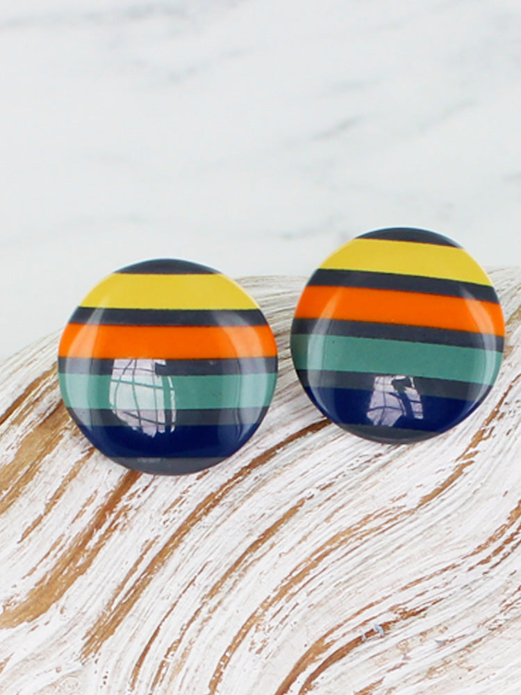 Suzie Blue JP6205 Striped Multi Colour Resin Disk Stud Earrings