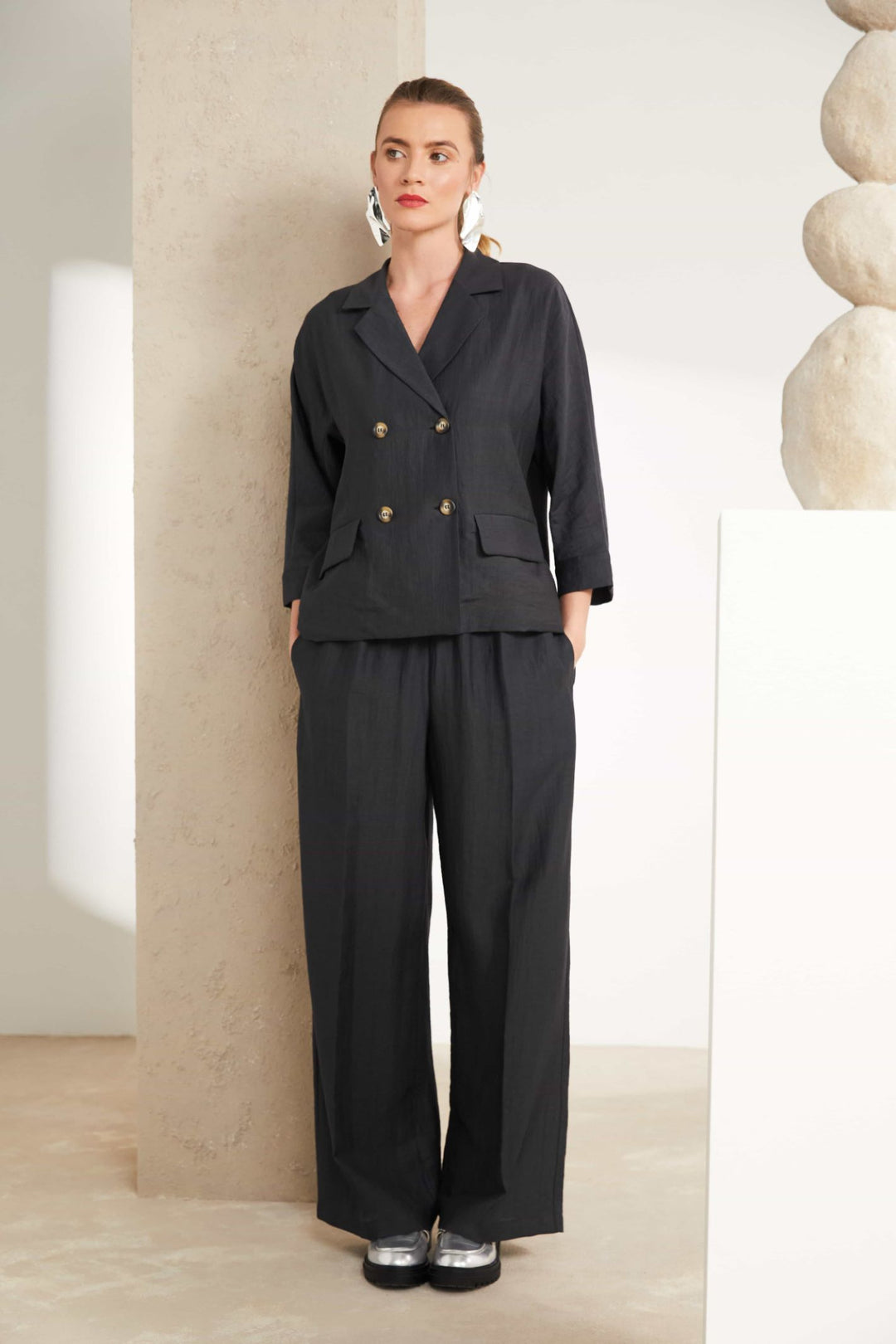 Naya NAS25-238 Linen Mix Wide Leg Pull Up Trouser Carbon