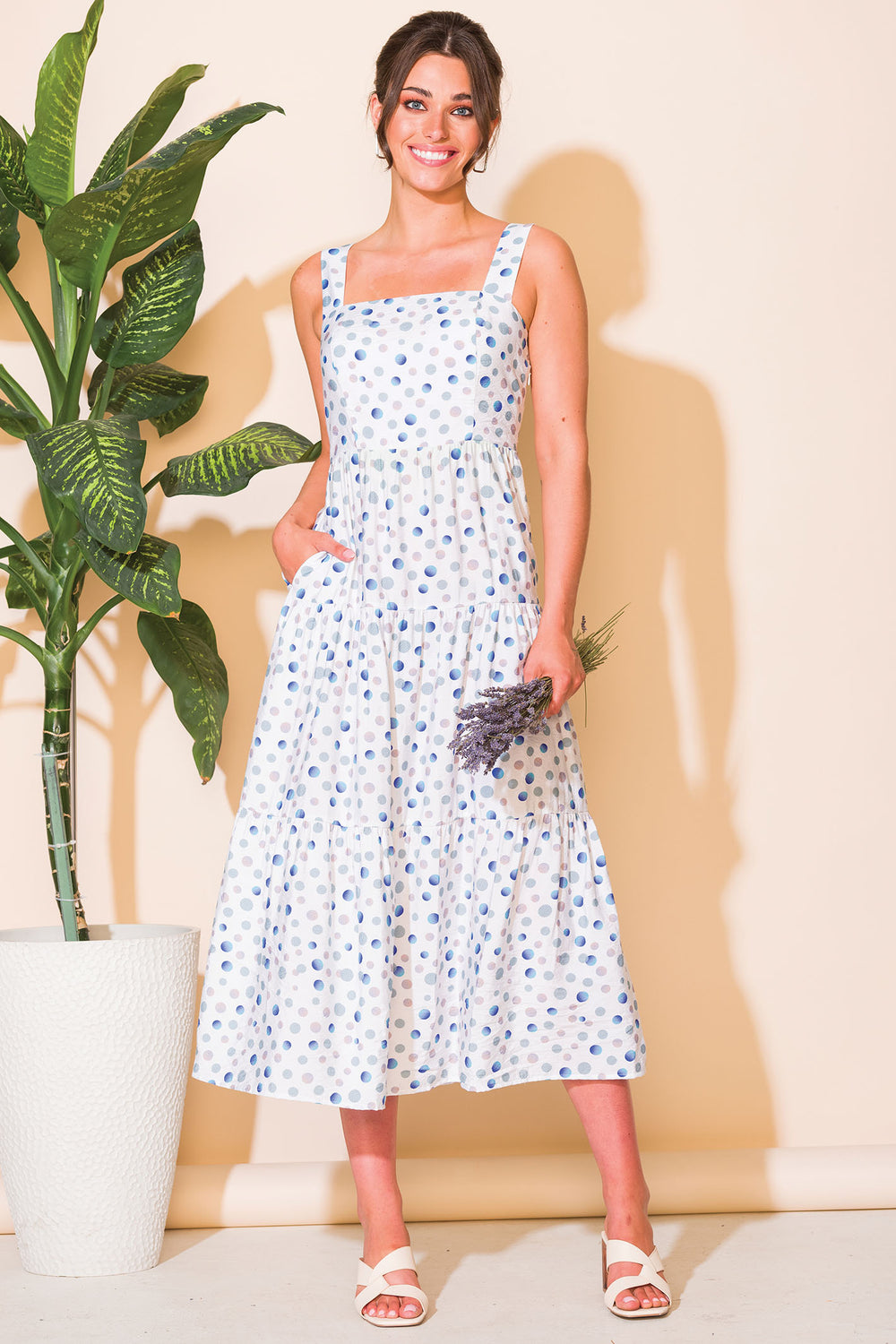 Alison Sheri A43218 Blue Polka Dot Print Sleeveless Midi Dress - Rouge Boutique Inverness