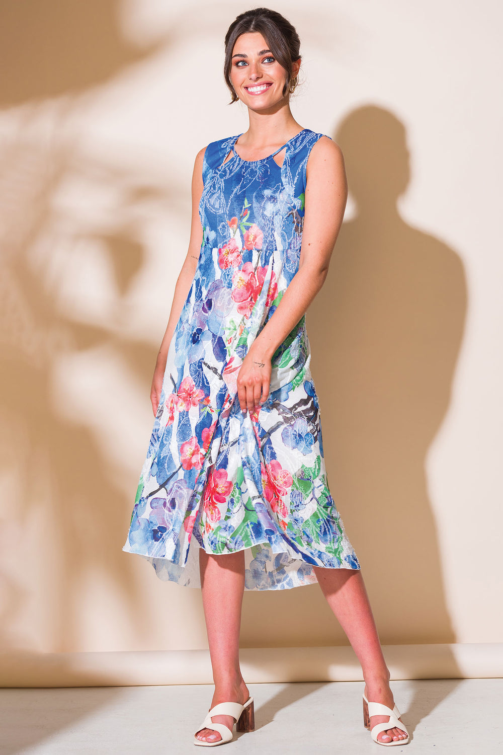 Alison Sheri A43408 Blue Floral Print Sleeveless Dress - Rouge Boutique Inverness
