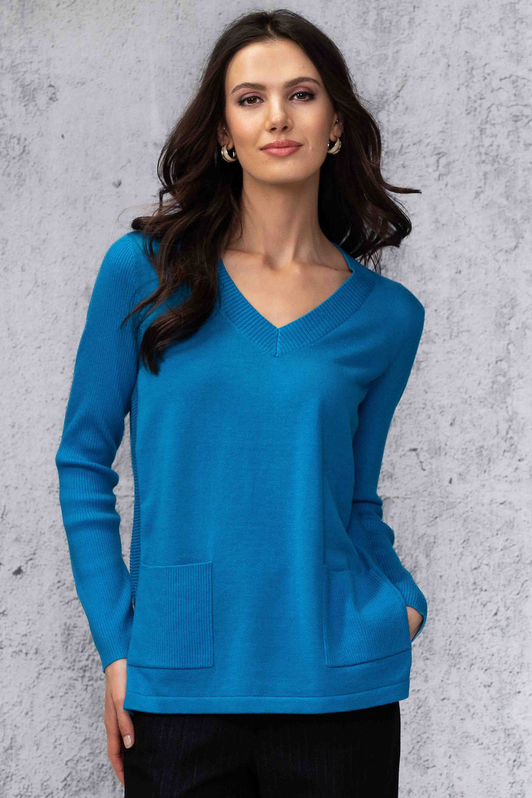 Alison Sheri A44008 Turquoise Blue V-Neck Jumper - Rouge Boutique