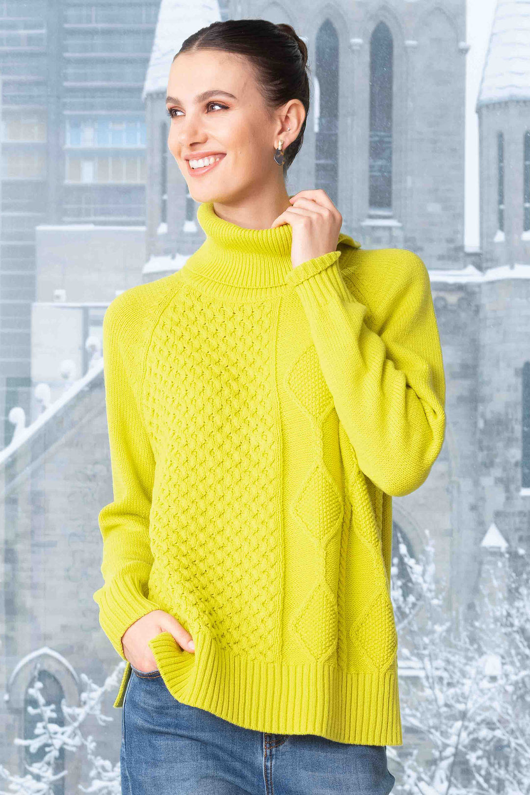 Alison Sheri A44042 Lime Green Roll Neck Cable Knit Jumper - Rouge Boutique