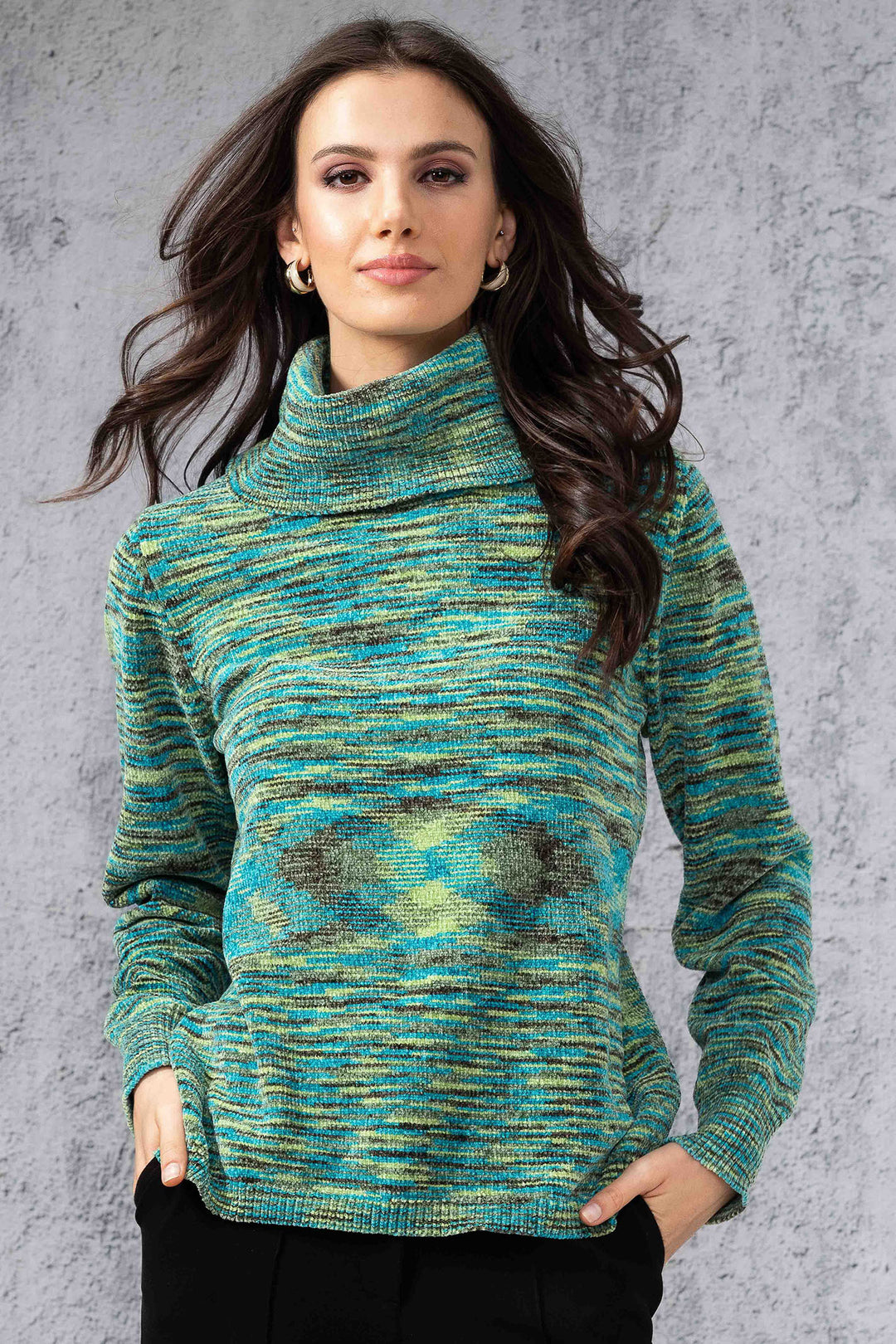 Alison Sheri A44106 Green Multicolour Rollneck Jumper - Rouge Boutique Inverness