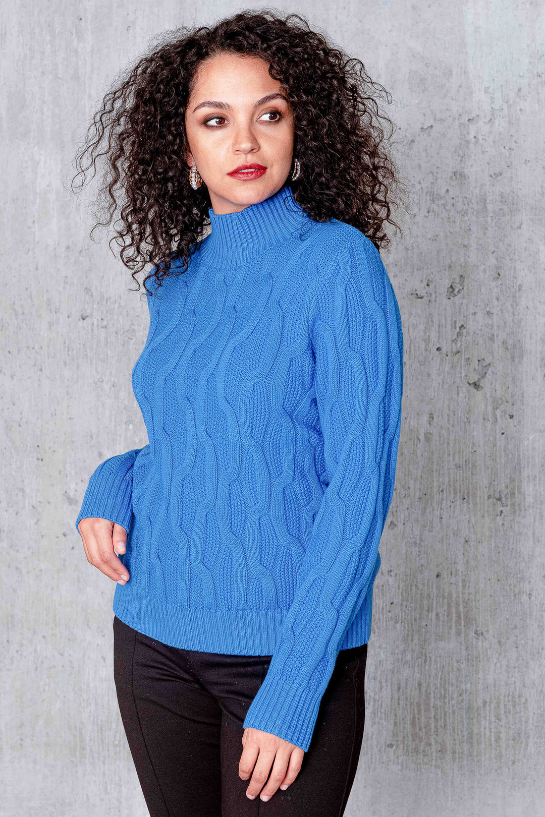 Alison Sheri A44462 Blue Cable Knit Funnel Neck Jumper - Rouge Boutique
