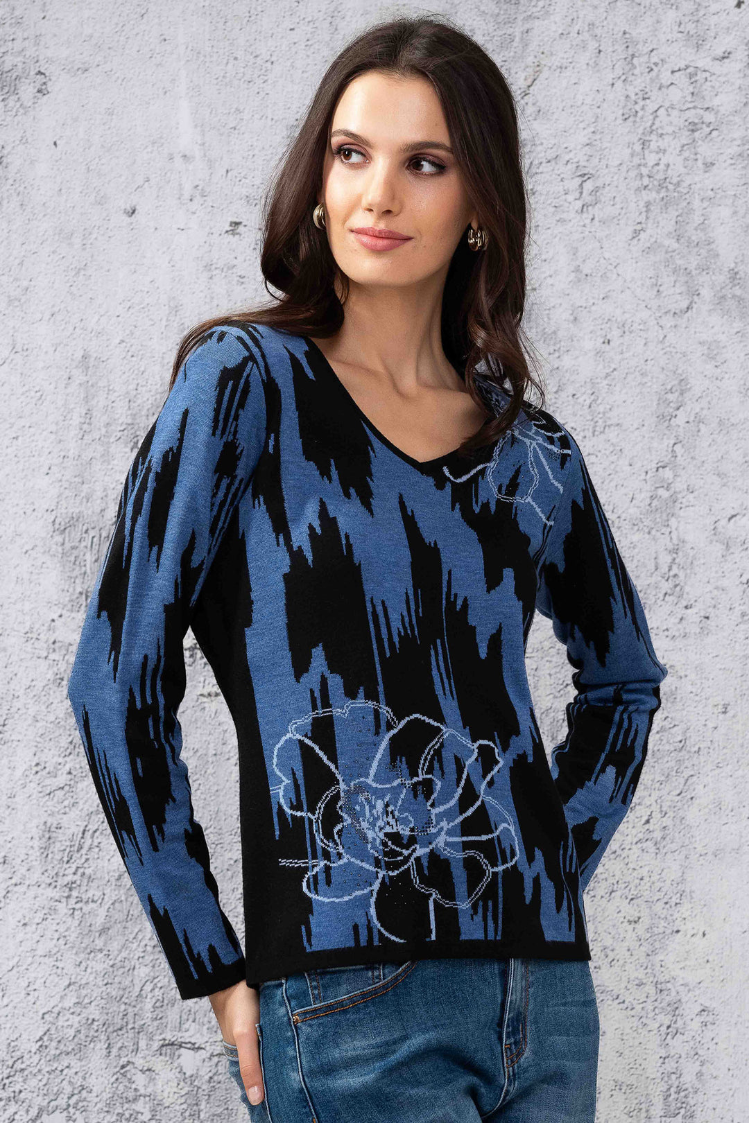 Alison Sheri A44475 Blue Black V-Neck Flower Pattern Jumper - Rouge Boutique