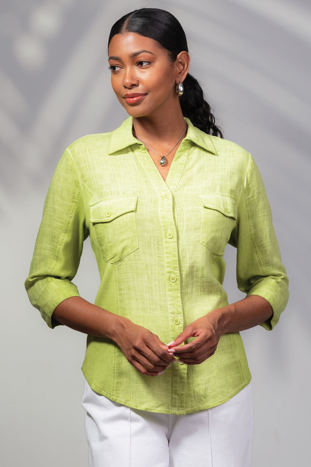 Alison Sheri A45013 Lime Green Linen Mix Shirt - Rouge Boutique Inverness