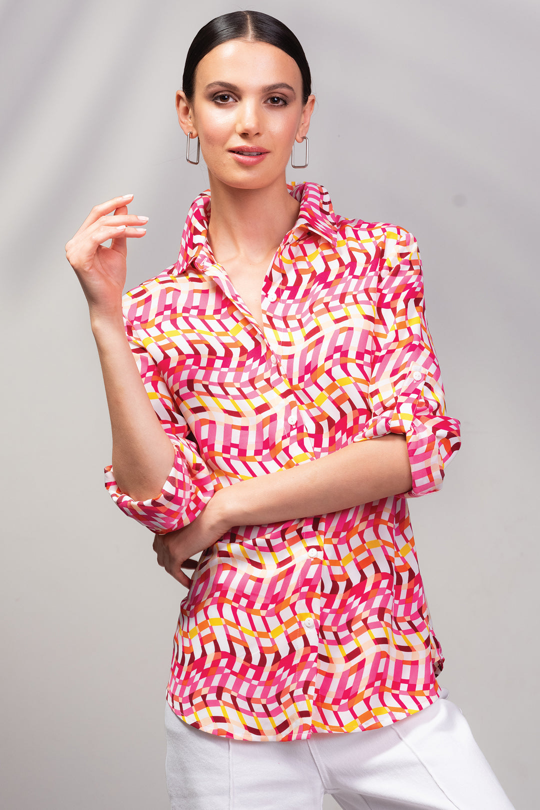 Alison Sheri A45156 Fuchsia Pink Print Collar Shirt