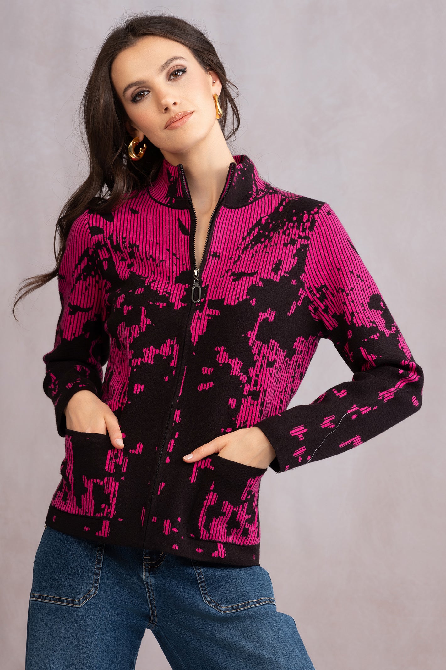 Alison Sheri A46118 Zip Front Stripe Knit Jacket Fuchsia Black - Rouge Boutique Inverness