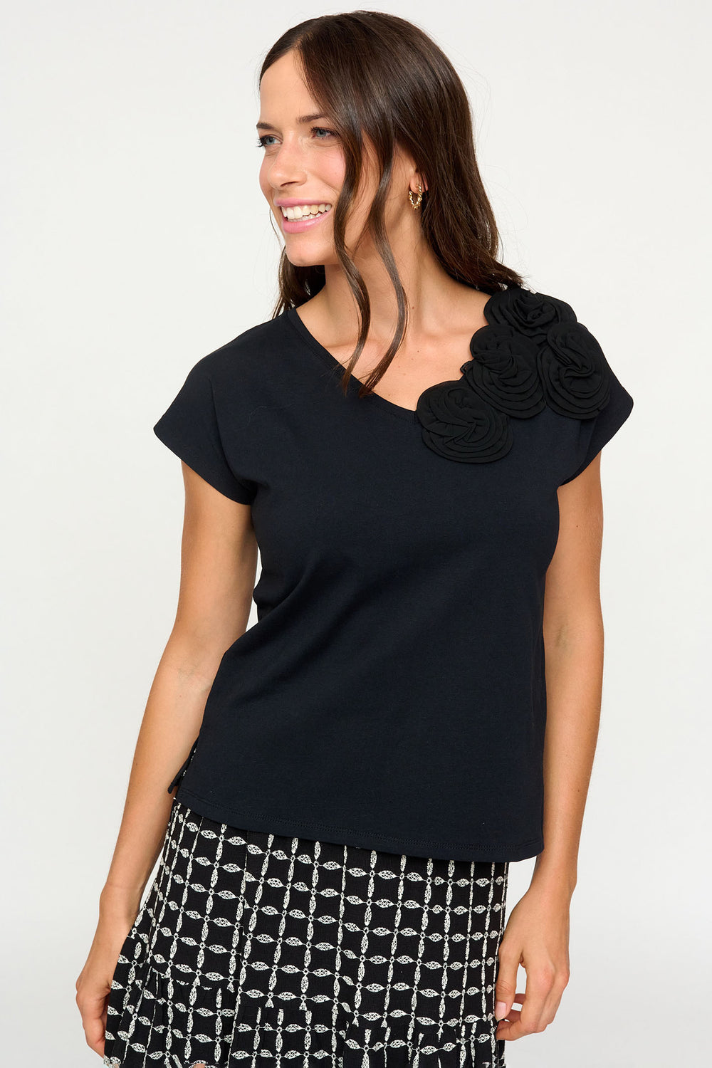 Bariloche Hinojales Black V-Neck Cap Sleeve Top - Rouge Boutique Inverness
