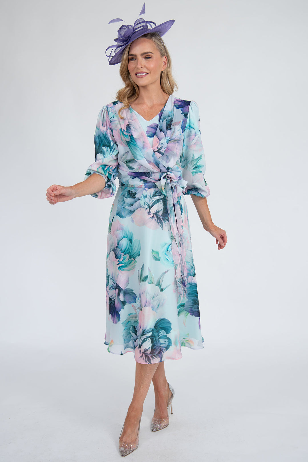 Cassandra C296 Cesce Green Floral Print Occasion Dress With Sleeves - Rouge Boutique