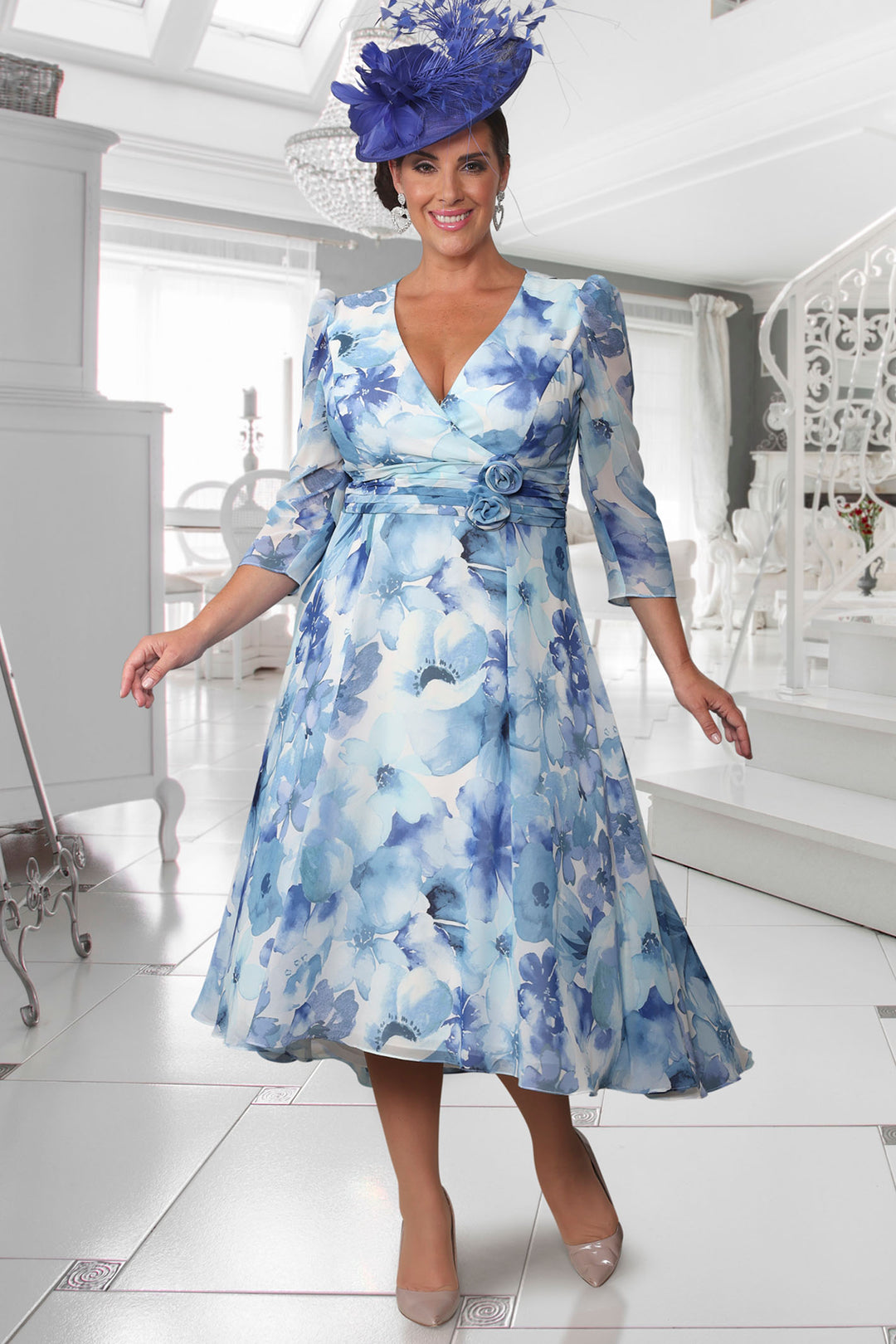 Dressed Up By Veromia DU650K Azure Blue Floral Print Midi Occasion Dress - Rouge Boutique Inverness