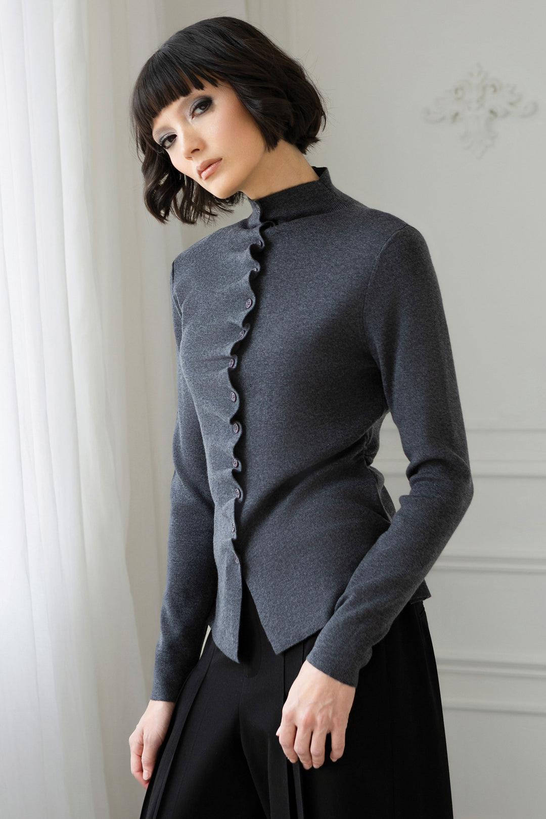 Elena Wang EW35109 Heather Grey Ruffle Front Cardigan