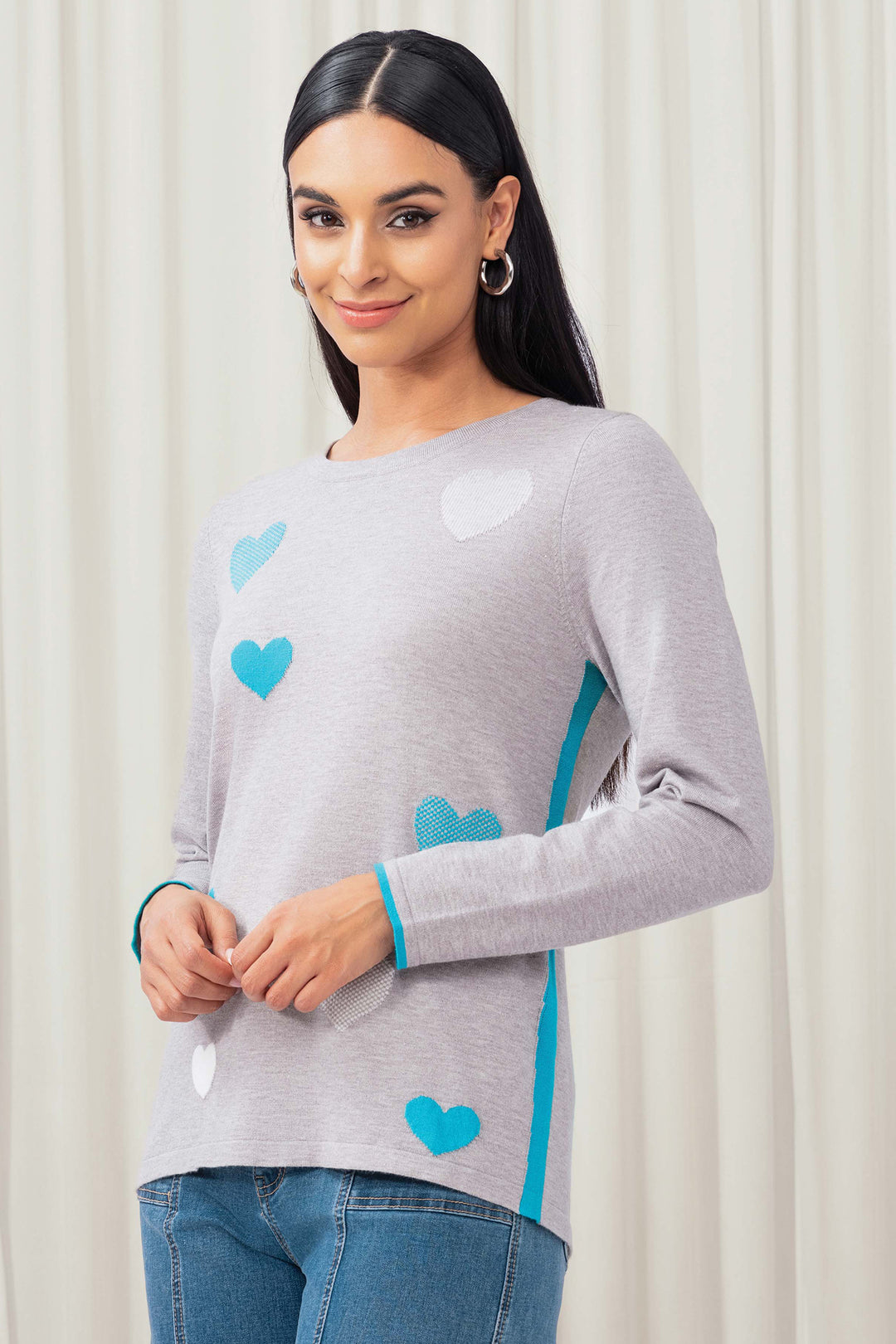 Elena Wang EW35132 Grey Blue Heart Pattern Jumper