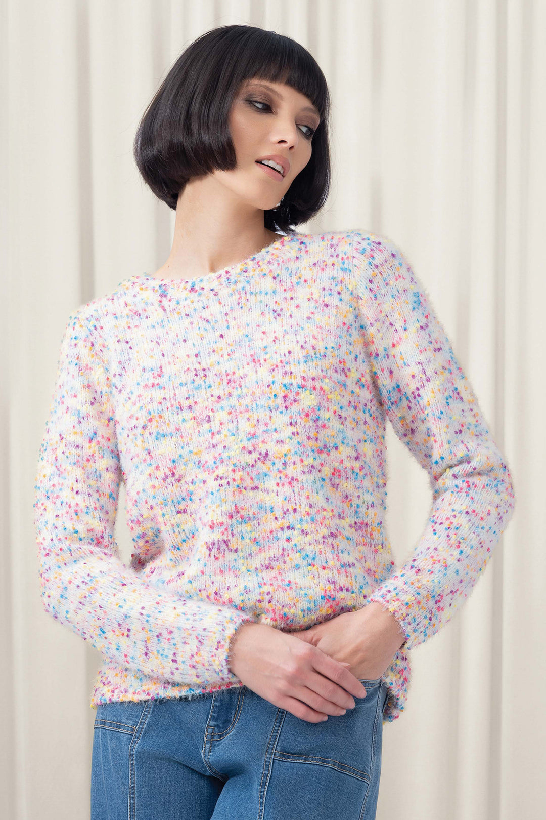 Elena Wang EW35135 White Multicolour Knit Jumper - Rouge Boutique Inverness