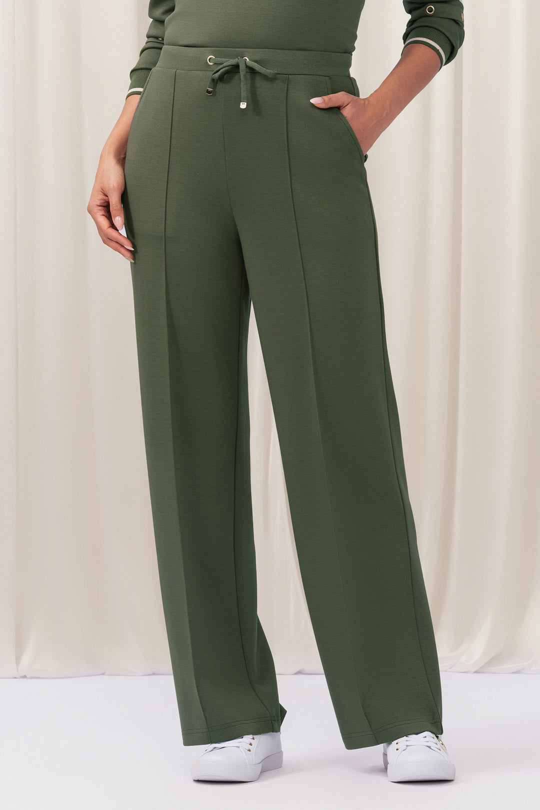 Elena Wang EW35206 Khaki Green Knit Drawstring Waist Trousers - Rouge Boutique Inverness
