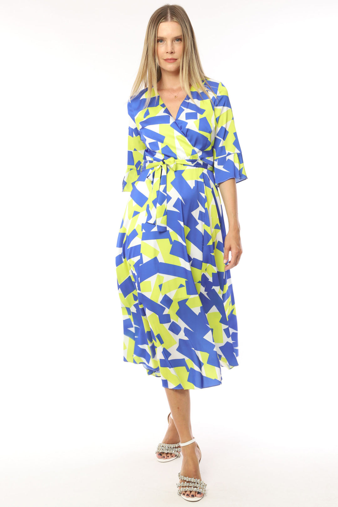 Ella Boo 2299-10 Royal Blue Lime Print Wrap Style Midi Occasion Dress - Rouge Boutique Inverness