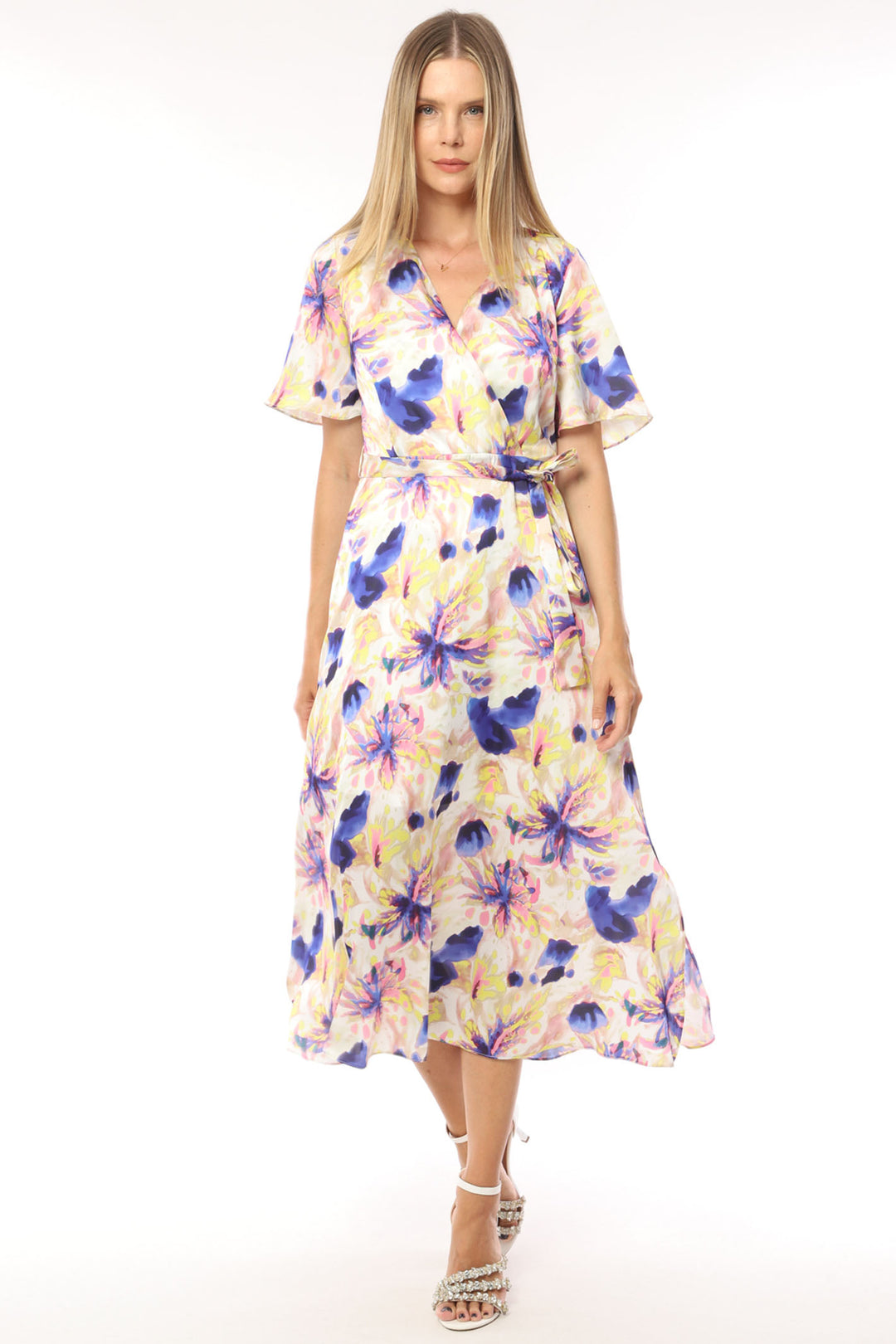 Ella Boo 2306-35 Pink Yellow Print Wrap Style Midi Occasion Dress - Rouge Boutique Inverness