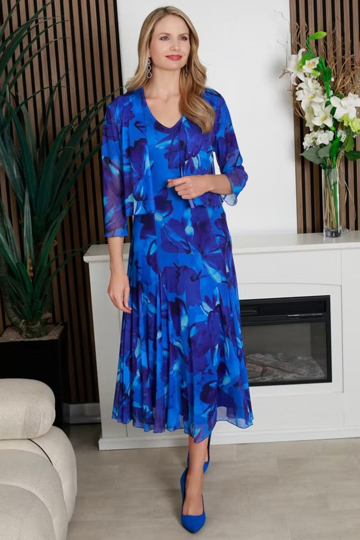 Glitz 1423 Blue Print Dress With Matching Shrug