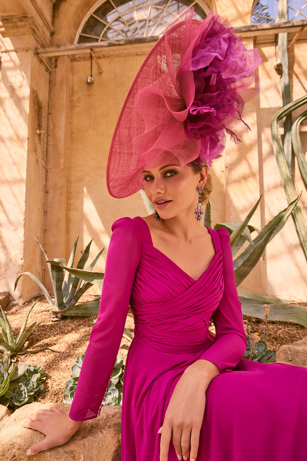 Invitations by Veni 36018 Magenta Pink Chiffon V-Neck Maxi Occasion Dress - Rouge Boutique Inverness