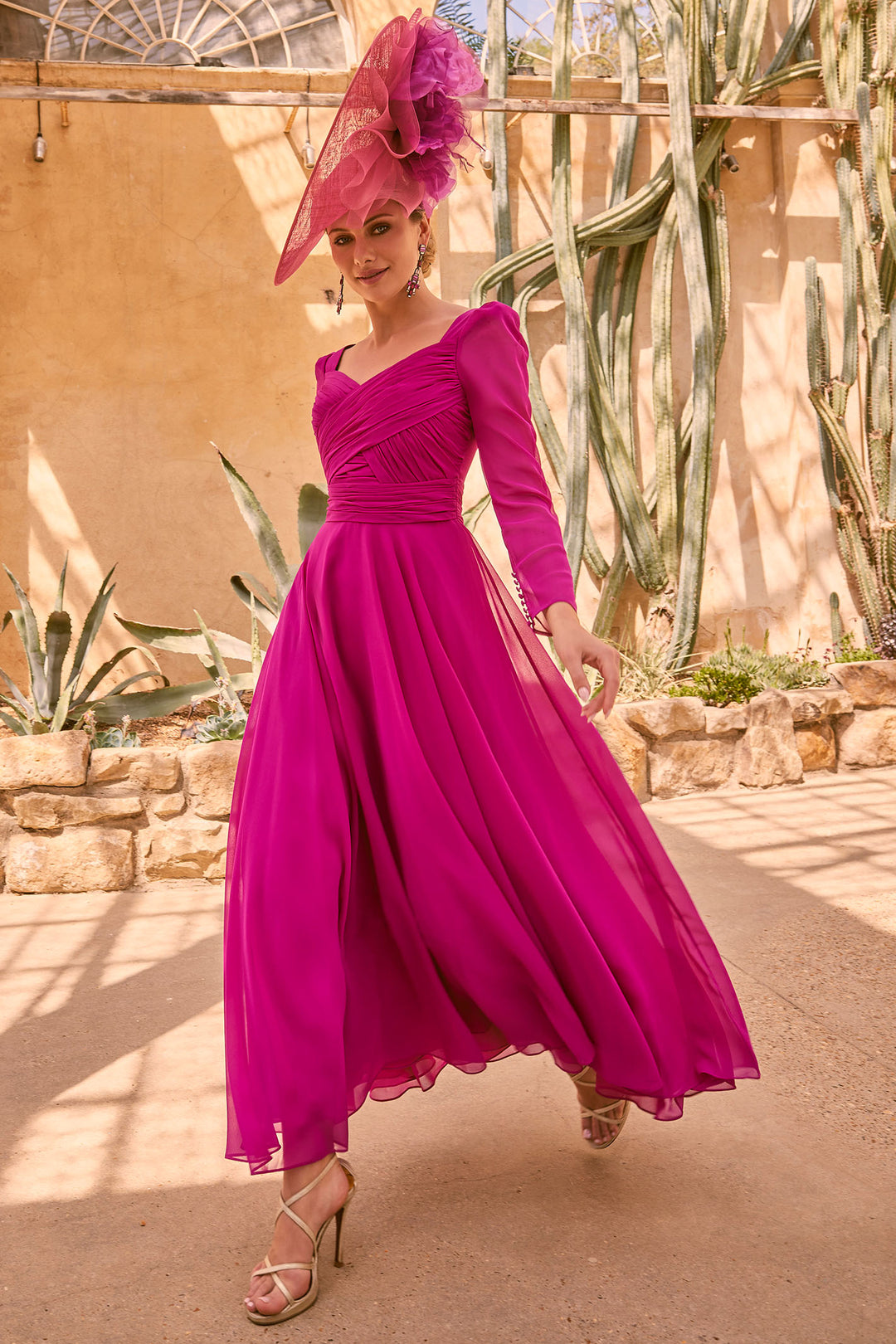 Invitations by Veni 36018 Magenta Pink Chiffon V-Neck Maxi Occasion Dress - Rouge Boutique Inverness