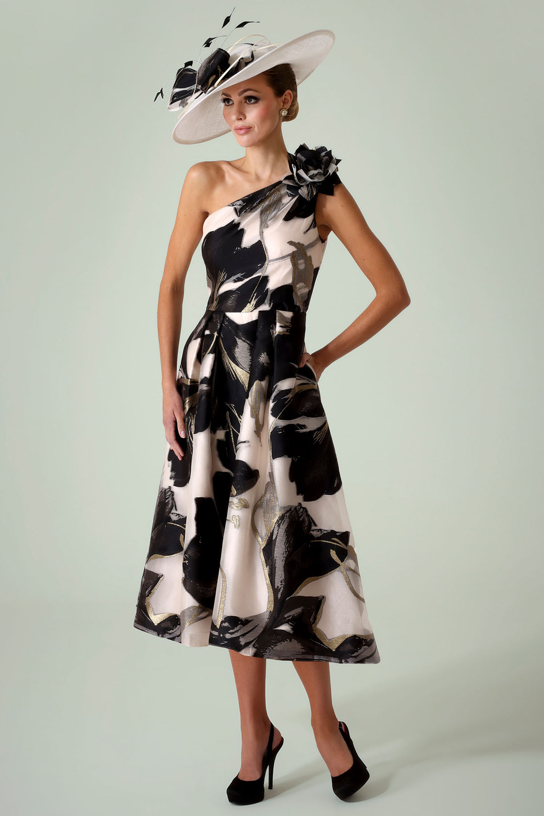 Irresistible IR7603 Black Gold Cream Print One Shoulder Occasion Dress - Rouge Boutique Inverness