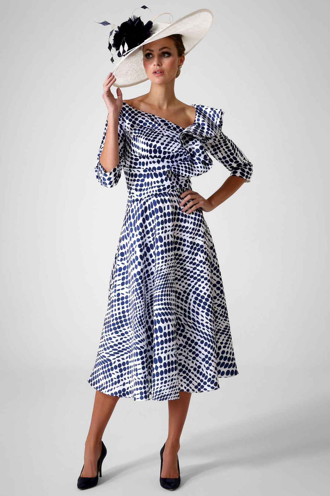 Irresistible IR7608TJ Navy Spot Ruffle Shoulder Midi Occasion Dress - Rouge Boutique Inverness