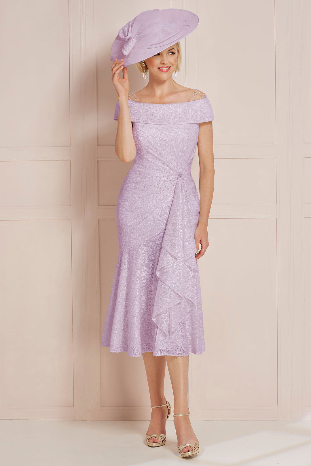 John Charles 29104B Lilac Bardot Fluted Dress With Beading Detail - Rouge Boutique Inverness