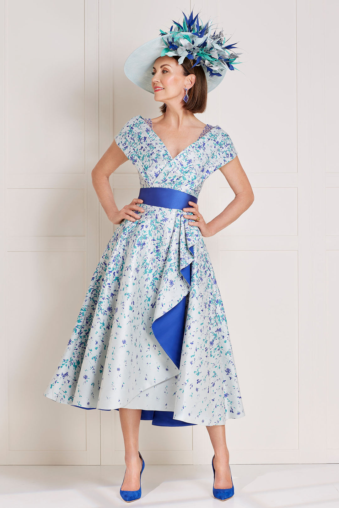 John Charles 29125 A Line Dress with Bardot Neckline in Ocean Jacquard Print - Rouge Boutique Inverness