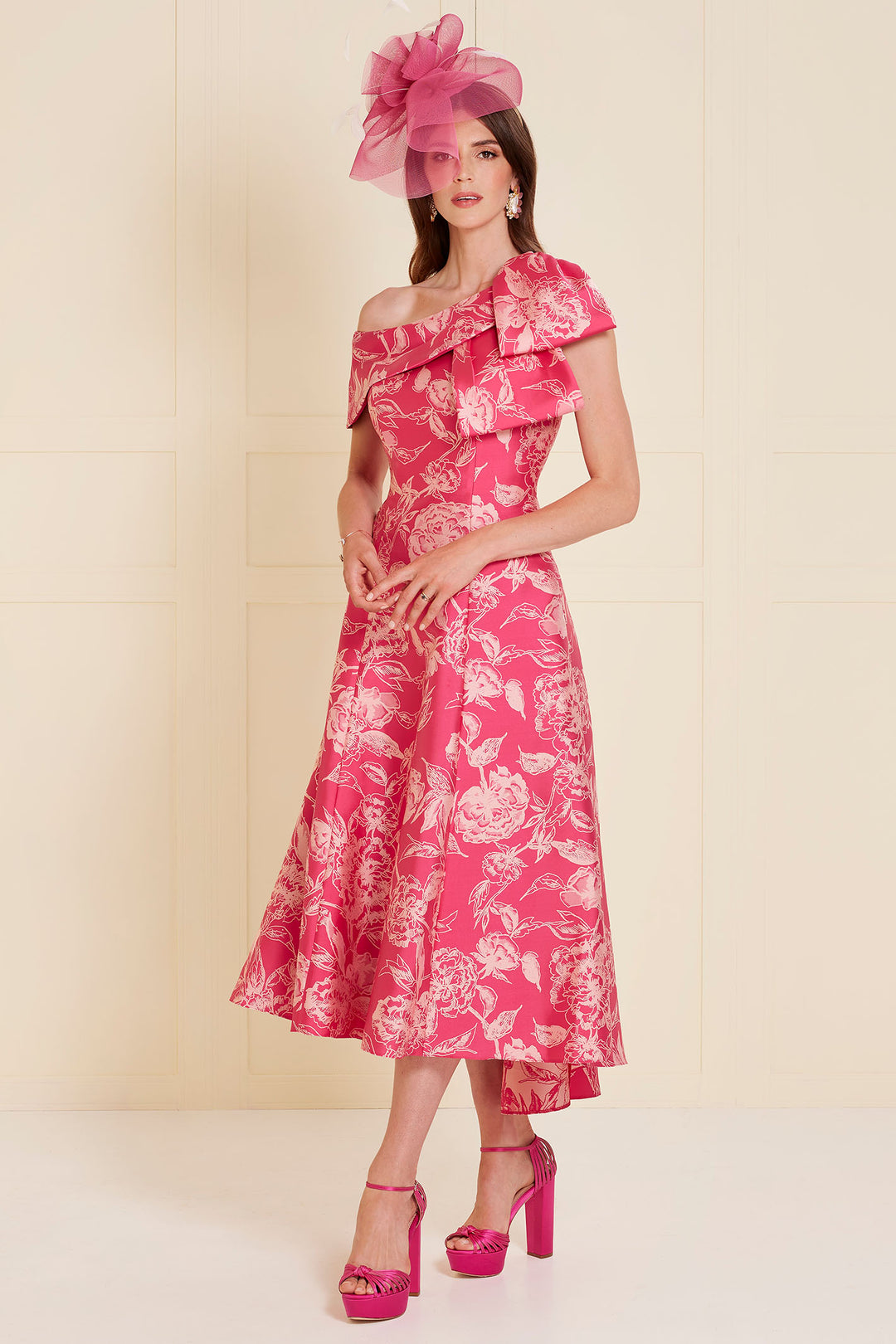 John Charles 29142 Fit and Flare Jacquard Dress with Bow Detail in Flamingo Pink - Rouge Boutique Inverness