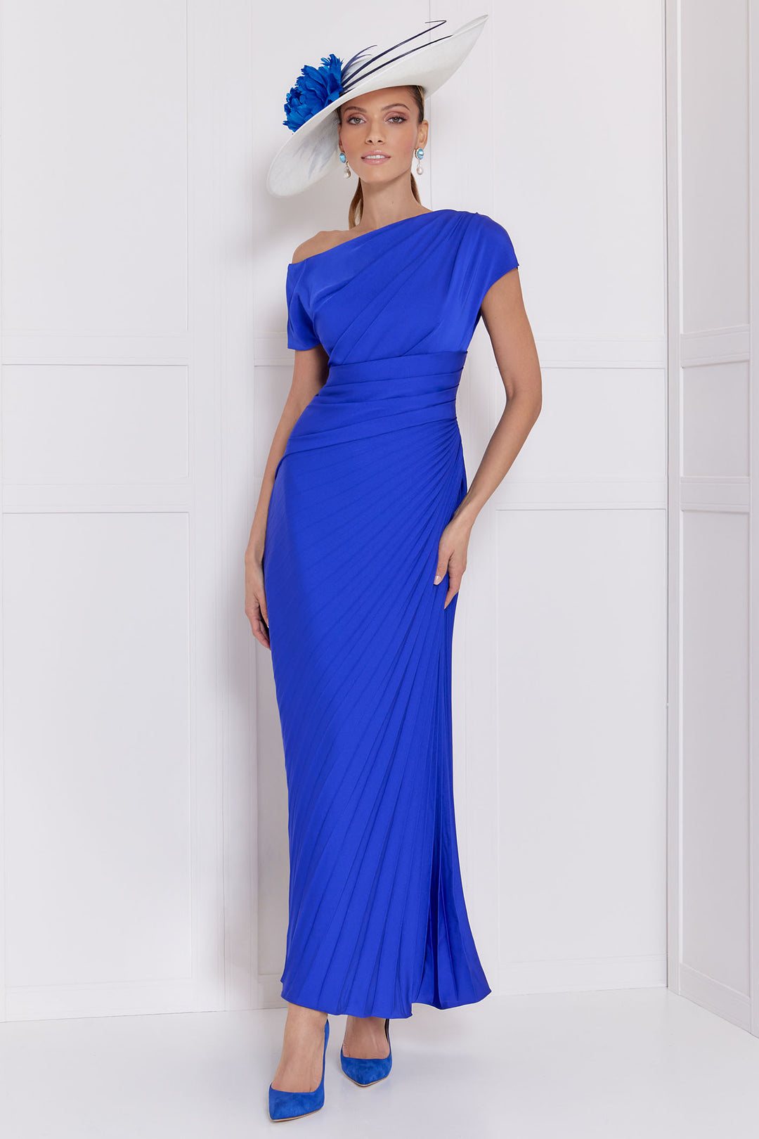 John Charles 66558 Cobalt Blue Asymmetric Pleat Skirt Full-Length Occasion - Rouge Boutique Inverness