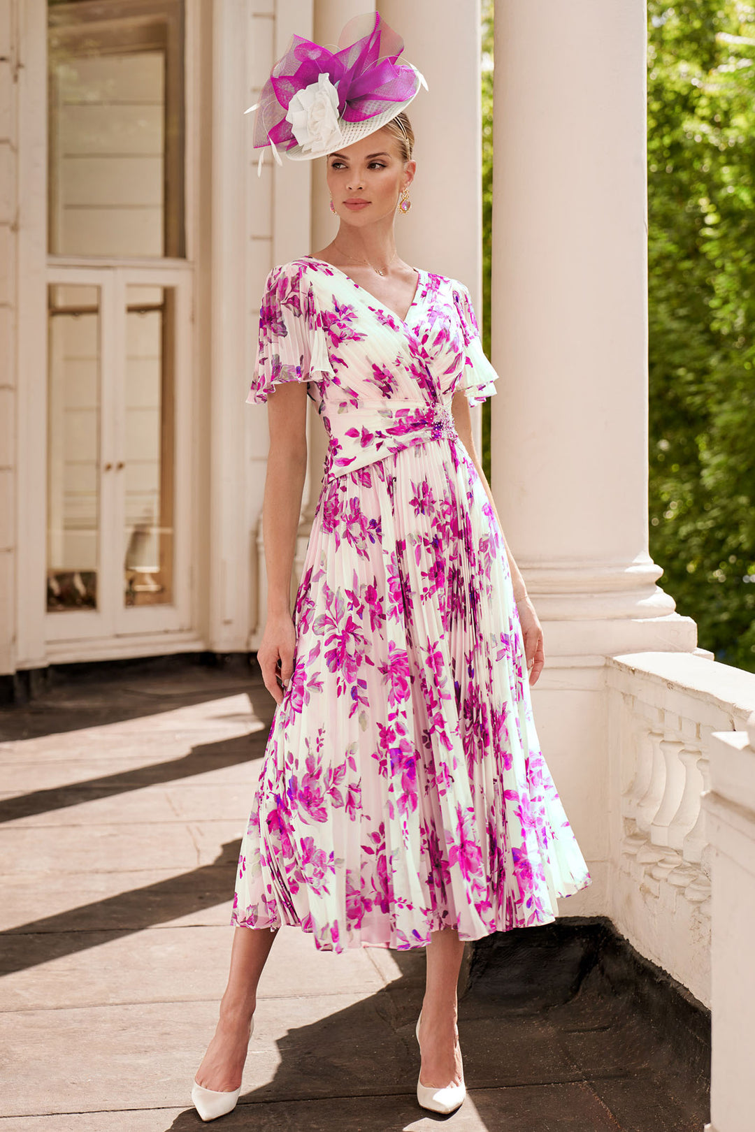 John Charles 66608B Pink Camilla Plisse Chiffon Print Occasion Dress - Rouge Boutique Inverness
