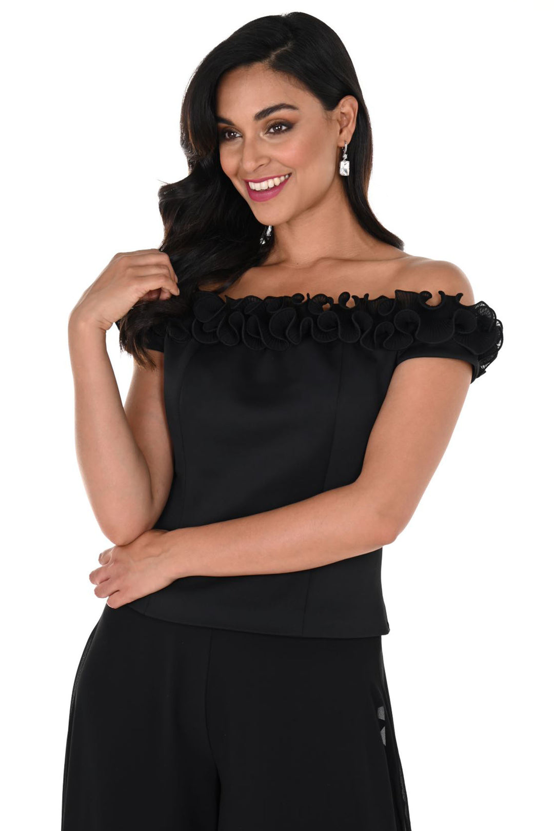 Lyman by Frank Lyman 248201 Black Ruffle Off-The-Shoulder Evening Top - Rouge Boutique Inverness