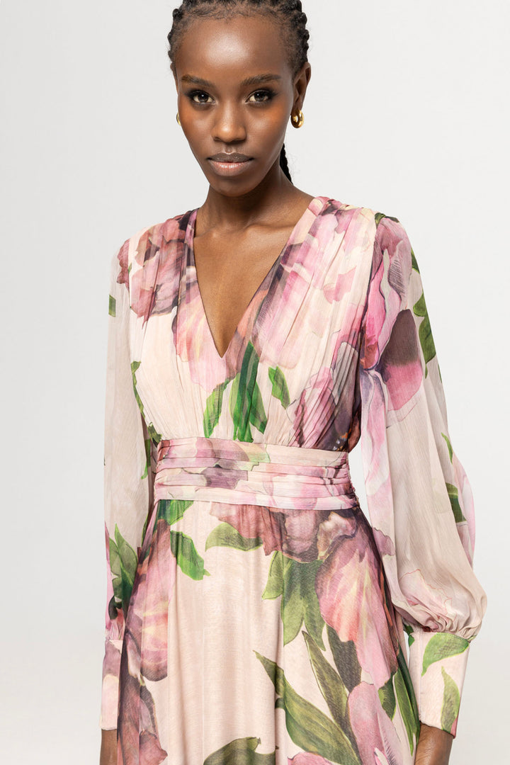 Nissa RC14882 Pink Floral Print V-Neck Midi Occasion Dress With Sleeves - Rouge Boutique Inverness