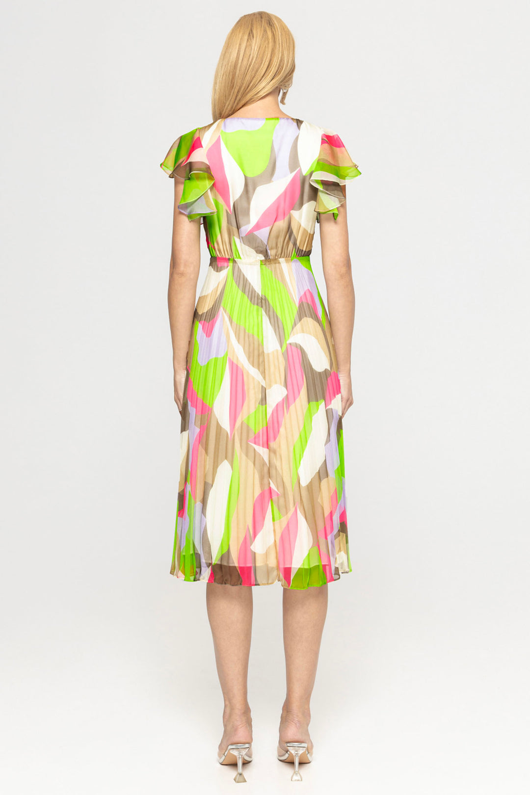 Nissa RZ14800R Lime Green Printed Pleated Midi Occasion Dress - Rouge Boutique Inverness