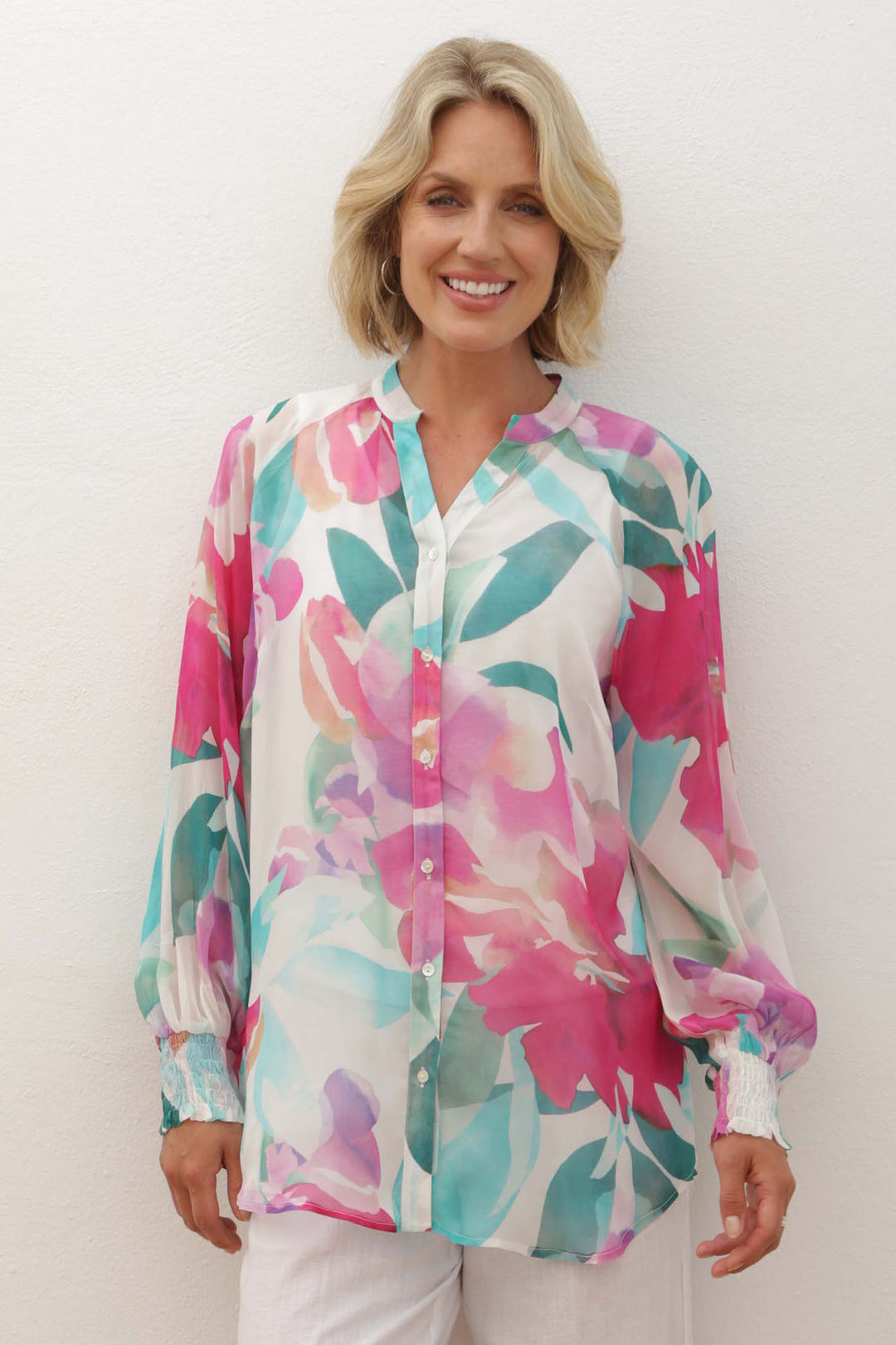 Pomodoro 12406 Orchid Pink Print Long Sleeved Blouse - Rouge Boutique Inverness