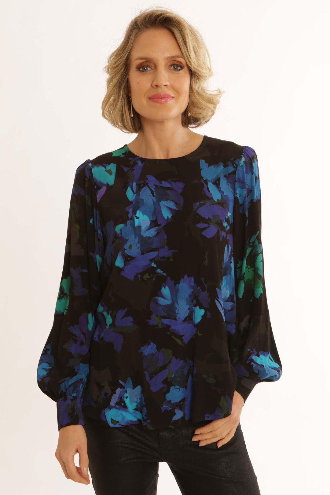 Pomodoro 12462 Blue Jewel Print Puff Sleeve Blouse Top - Rouge Boutique Inverness