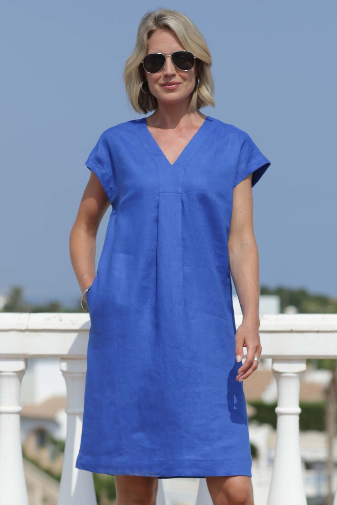 Pomodoro 22413 Ocean Blue Short Sleeved Linen Dress - Rouge Boutique Inverness