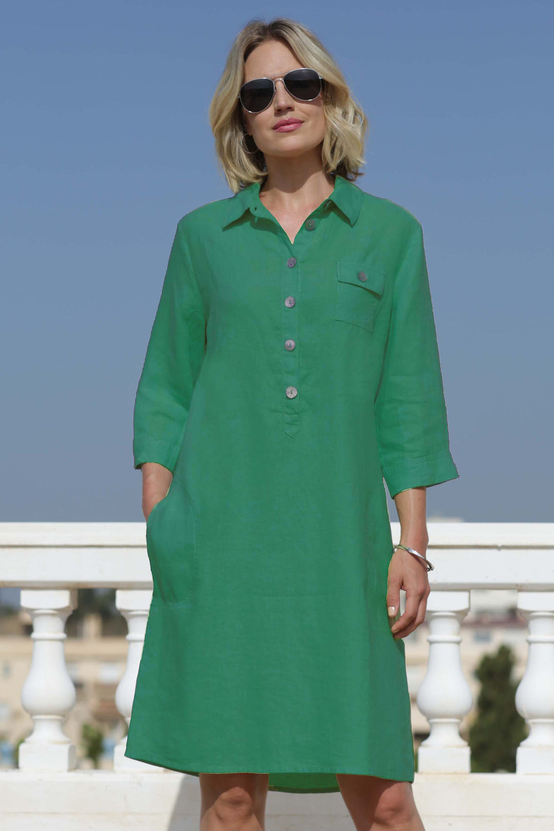 Pomodoro 22414 Green Meadow Linen Shirt Dress - Rouge Boutique Inverness