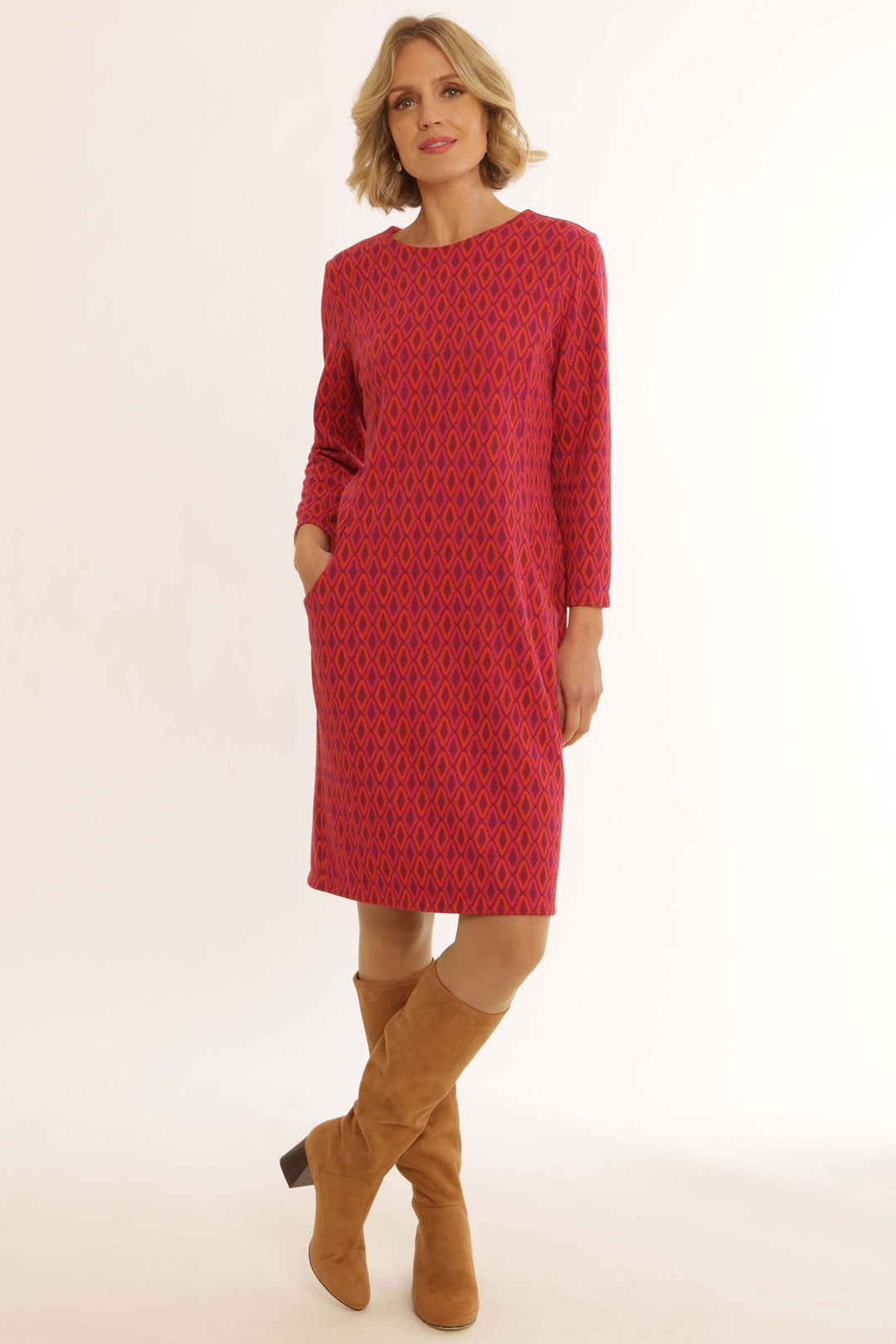 Pomodoro 52457 Pink Diamond Jacquard Print Dress With Pockets - Rouge Boutique Inverness