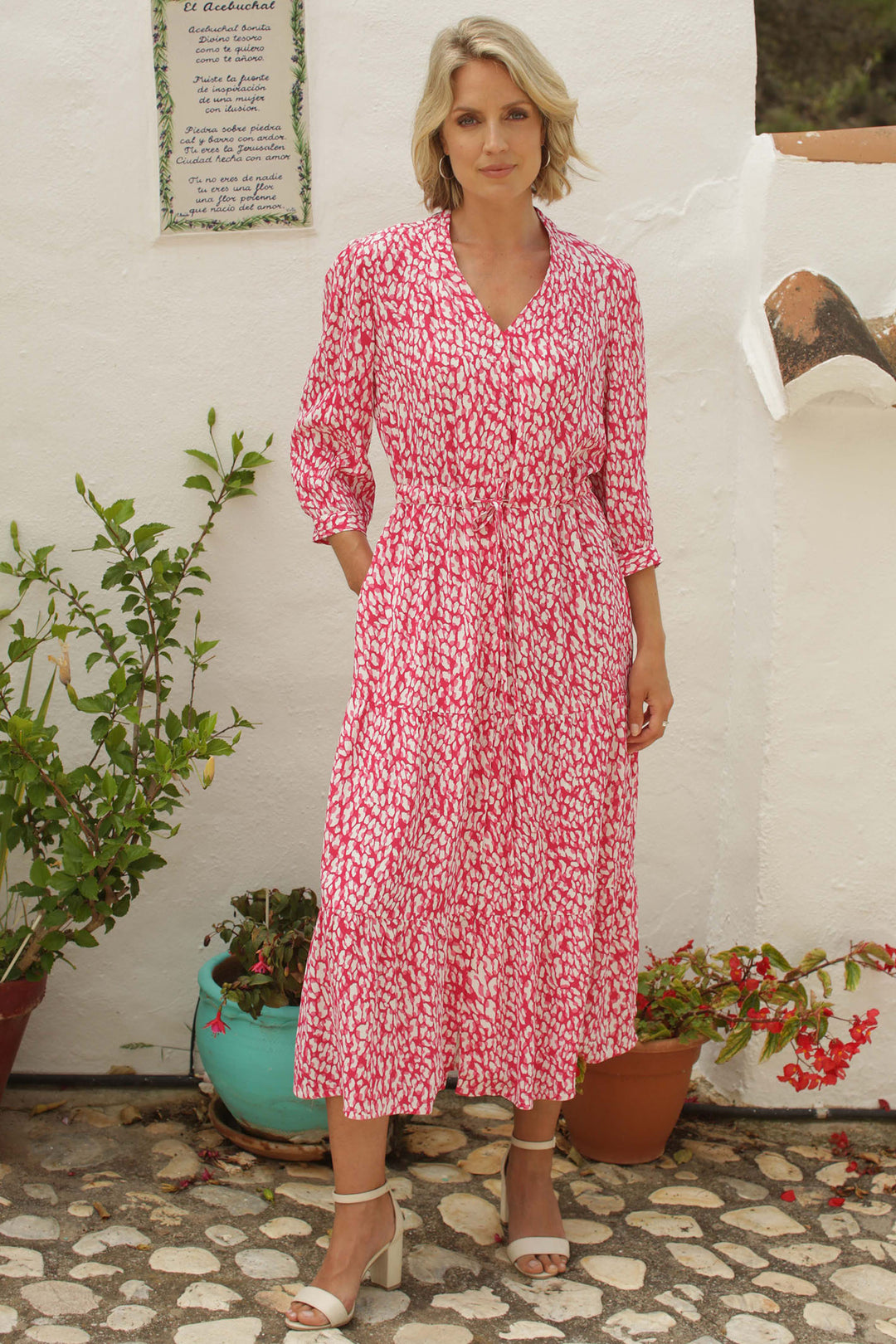 Pomodoro 62406 Pink Santorini Print Midi Dress - Rouge Boutique Inverness