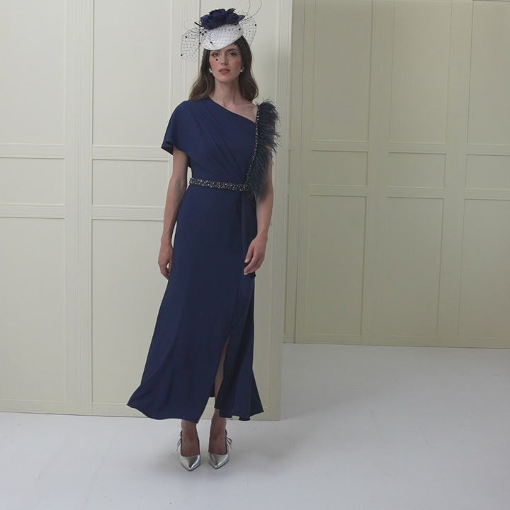 John Charles 29134 Asymmetric Neckline Midi Length Crepe Navy Dress with Feather Detail - Rouge Boutique Inverness