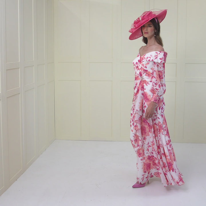 John Charles 29145 Chiffon Bardot Full Length Summer Rose Printed Sleeved Dress